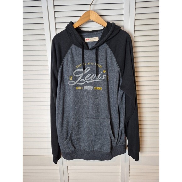 Levi's XL‎ Hoodie Mens Black Gray Pullover Sweatshirt Lightweight Long Sleeve - Picture 1 of 12
